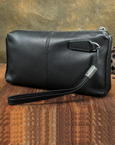 Tan Leather Mens Long Clutch Wallet Leather Wallet Black Wristlet Clutch Wallet for Men