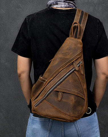 brown leather sling backpack Vintage Leather Mens 16" Backpack Sling Bag Brown Chest Bag One Shoulder Backpack for Men