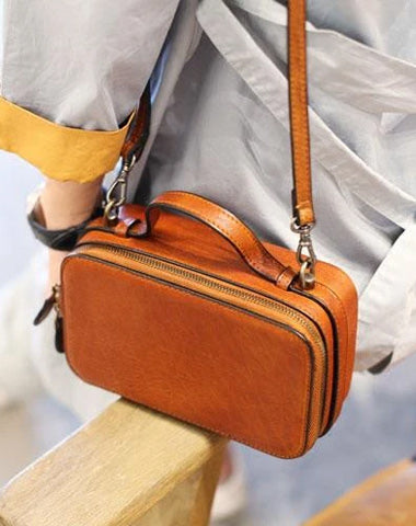 Orange Leather Crossbody Box Bag Purse