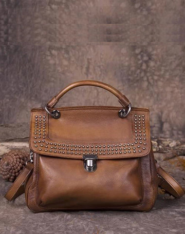 Brown Vintage Leather Purse Handmade Rivet Satchel Handbag Shoulder Bags Crossbody Purses
