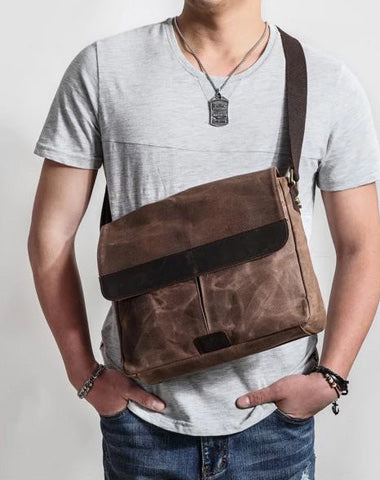 Casual Waxed Canvas Leather Brown Men's Side Bag Shoulder Bag Messenger Bag For Men