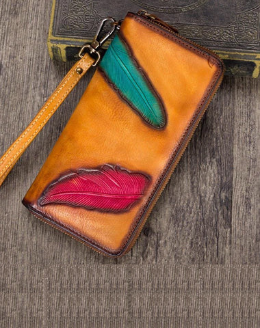 Tan Tooled Womens Leather Clutch Wallet Zipper Wristlet Wallet Feather Bifold Long Purse for Ladies