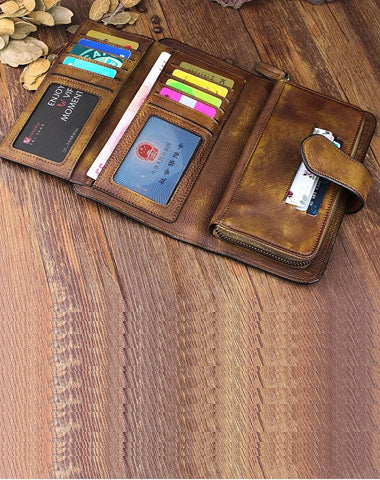 Cool Leather Brown Mens Long Wallet Gray Buckled Long Wallet Trifold Clutch Wallet for Men