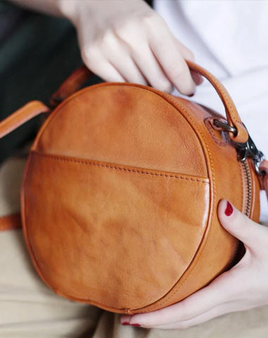 Vintage Womens Brown leather Circle Handbag Shoulder Bag Black Round Leather Crossbody Bag Side Purse