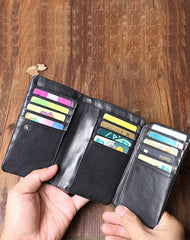 Cool Leather Mens Black Buckle Long Wallet Black Long Trifold Vertical Wallet for Men