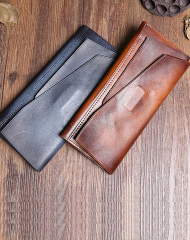 Handmade Leather Gray Mens Cool Long Leather Wallet Brown Unique Long Wallet for Men
