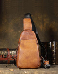 Handmade Brown Leather Mens Sling Bag One Shoulder Backpack Chest Bag for men