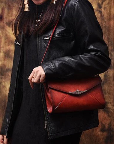 Vintage Red Leather Wallet Womens Side Bag Clutch Wallet Purse Green Shoulder Bag