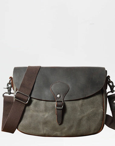 Cool Waxed Canvas Leather Mens Casual Small Green Side Bag Messenger Bag For Men