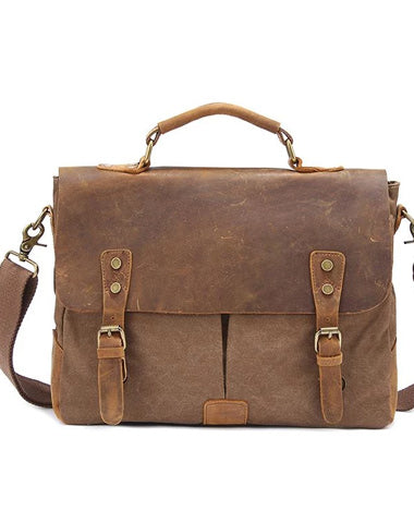 Canvas Leather Mens 14" Simple Khaki Briefcase Side Bag Lake Green Messenger Bag Brown Shoulder Bag for Men