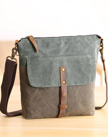 Wax Canvas Leather Mens Small Waterproof Vertical Green Side Bag Courier Bag Messenger Bag for Men