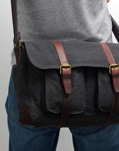 Canvas Mens Side Bag 15'' Black Large Courier Bag Postman Bag Messenger Bag for Men