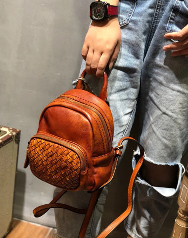 cute leather backpack Ladies Mini Purse Brown Leather Rucksack Bag 1 zipper back pocket Vintage Women's Coffee Brown Leather