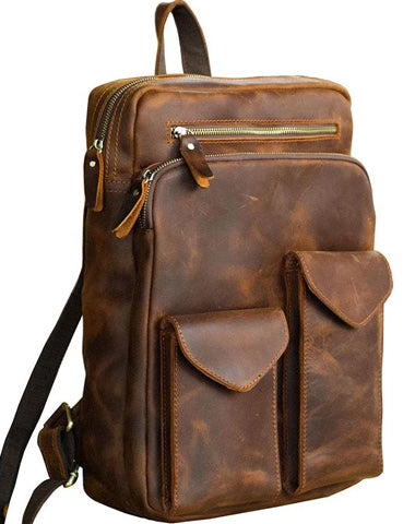 Cool Brown Leather Mens 14" Laptop Backpack Hiking Backpack Travel Backpack College Bag for Men
