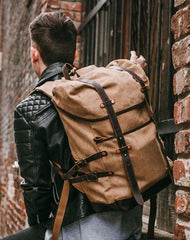 Cool Waxed Canvas Leather Mens Black 15.6‘’ Large Hiking Backpack Green Travel Backpack for Men