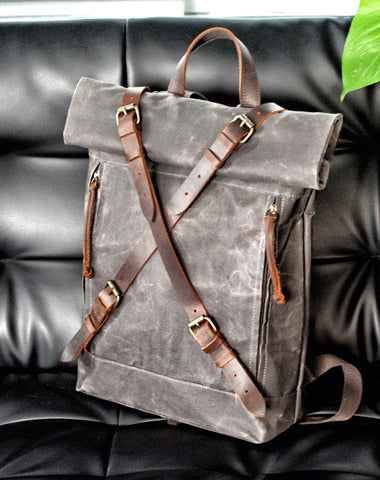 Cool Waxed Canvas Leather Mens 15.6‘’ Black Hiking Backpack Green Travel Backpack for Men
