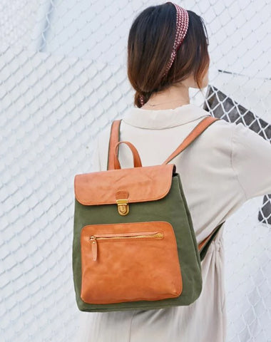 Canvas Leather Mens Women Student Backpack Army Green Travel Backpack Caramel College Backpack for Men