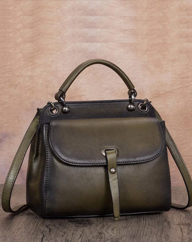 Green Vintage Ladies Leather Square Satchel Handbag Purse Brown SHoulder Bag Side Bag for WOmen