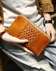 Vintage Brown Braided Leather Long Zipper Clutch Wallet Phone Purse Clutch For Women