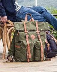 Waxed Canvas Leather Mens Dark Gray Waterproof 15‘’ Large Backpack Travel Backpack Green Hiking Backpack for Men
