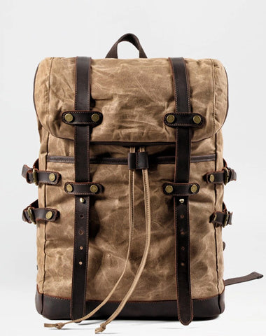Waxed Canvas Leather Mens 15‘’ Computer Backpack Black Hiking Backpack Travel Backpack for Men