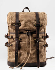 Waxed Canvas Leather Mens 15‘’ Computer Backpack Black Hiking Backpack Travel Backpack for Men