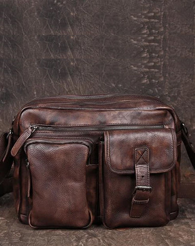Mens Vintage Leather Messenger Bag Coffee Side Shoulder Bag Courier Bag Postman Bag for Men
