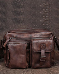 Mens Vintage Leather Messenger Bag Coffee Side Shoulder Bag Courier Bag Postman Bag for Men