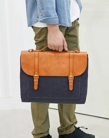Canvas Leather Mens 15" Brown Messenger Bag Side Bag Briefcase Green Courier Bag for Men