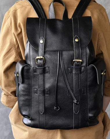 Black Leather Mens 15" Laptop Backpack Hiking Backpack Travel Backpack College Backpack for Men