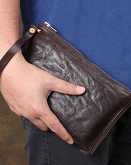 Cool Wrinkled Leather Mens Brown Long Wallet Wristlet Wallet Black Zipper Clutch Wallet for Men