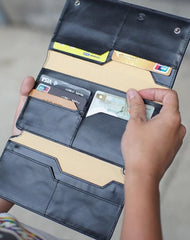 Casual Leather Men's Black Trifold Long Wallet Passport Wallet For Men