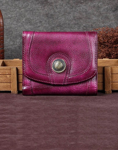 Purple Vintage Leather Womens Buckle Small Trifold Red billfold Wallet Purse for Ladies