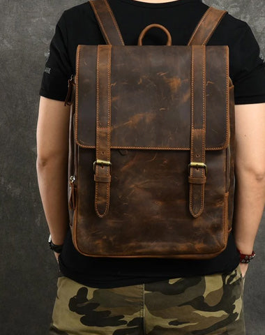 Cool Leather Mens 14" Dark Brown Hiking Backpack Travel Backpack College Backpack for Men