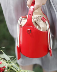 Cute Red Womens Leather Small Bucket Handbag  Black Small Barrel Shoulder Purse for Ladies