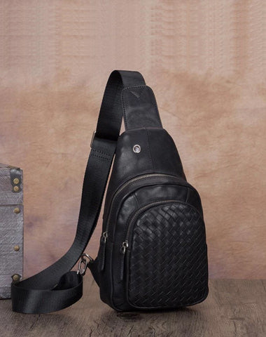 Black Mens Braided Leather Sling Bag Chest Bags Purses One Shoulder Backpack for Men