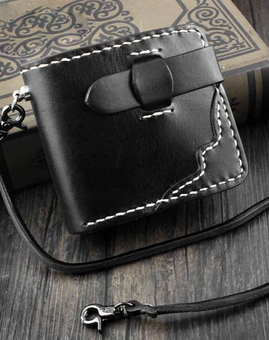 Handmade Black Leather Men's Small Biker Wallet Chain Wallet billfold Wallet with Chain For Men