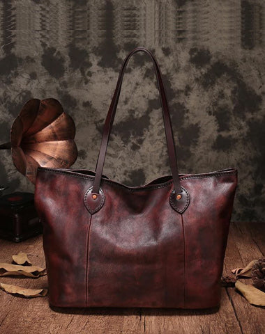 Vintage Womens Leather 15" Big Shopper Tote Bag Purses Coffee Leather Shoulder Tote Purses