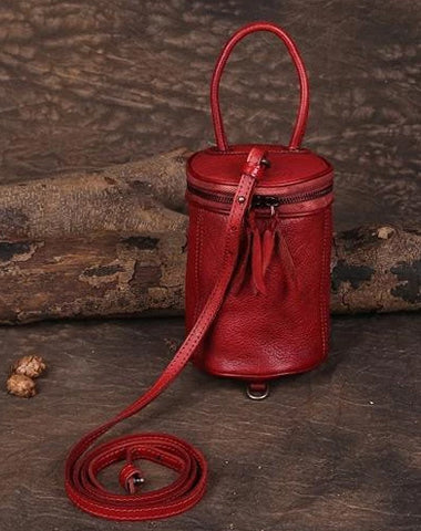 Red Womens Leather Bucket Handbag Womens Barrel Purse Small Brown Bucket Shoulder Purse