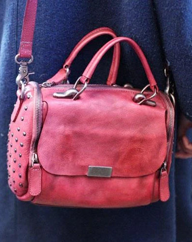 Vintage Women Red Leather Botston Handbags Black Shoulder Bag Crossbody Bags Purse for Ladies