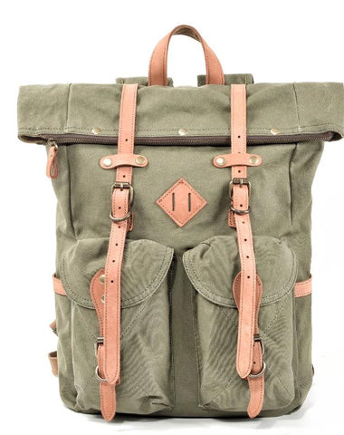 Cool Waxed Canvas Leather Mens Waterproof 16‘’ Large Hiking Backpack Travel Backpack for Men