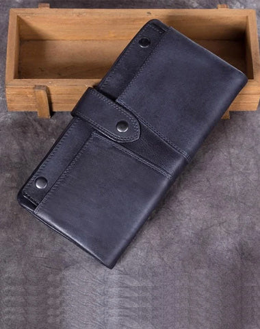 Grey Vintage Mens Leather Bifold Long Wallet Brown Phone Clutch Purse for Men