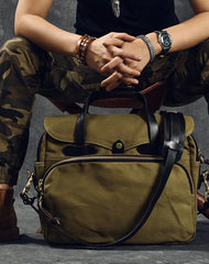 Canvas Leather Mens Khaki Briefcase 15'' Side Bag Messenger Bag Shoulder Bag For Men