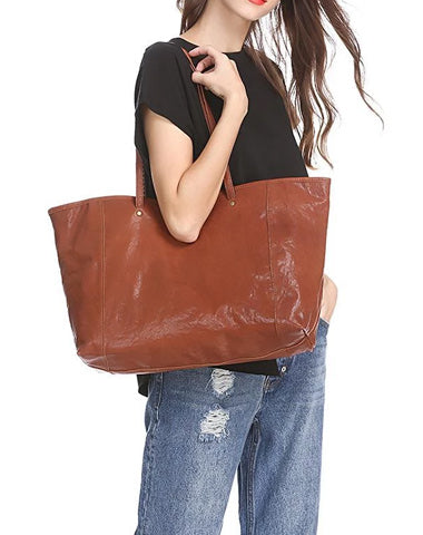 16" Womens Brown Leather Tote Bag Black Womens Handbag Shopper Bag Purse for Ladies