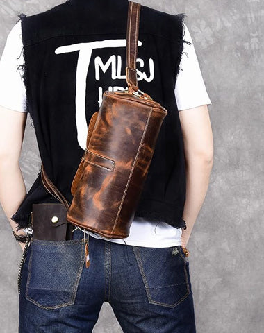 Leather Mens Vintage Brown Side Bag Barrel Messenger Bag Small Bucket Bag For Men
