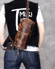 Leather Mens Vintage Brown Side Bag Barrel Messenger Bag Small Bucket Bag For Men