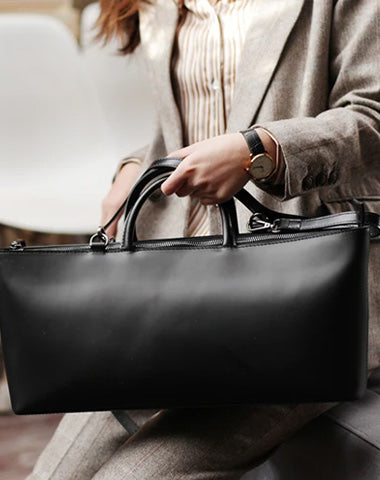 Fashion Womens Leather Structured Black 18" Zipper Shoulder Handbag Long Shoulder Bag For Work