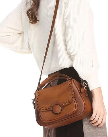 Brown Vintage Womens Leather Rivet Handbag Red Side Bag Satchel Bag Purse for Ladies
