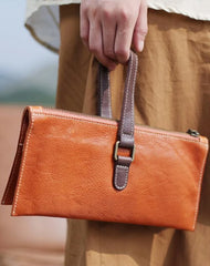 Fashion Womens Brown Leather Unusual Handbags Soft Tan Leather Handbag Folded Clutch Purse