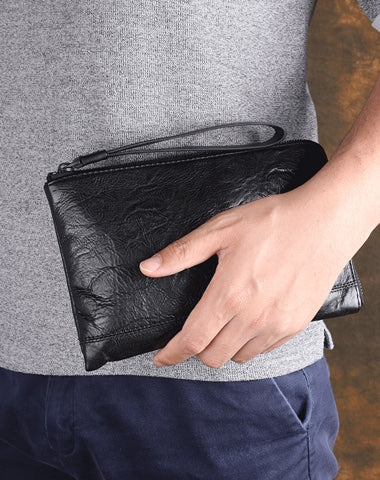 Handmade Cool Leather Mens Black Long Wallet Wirstlet Bag Black Zipper Clutch Wallet for Men